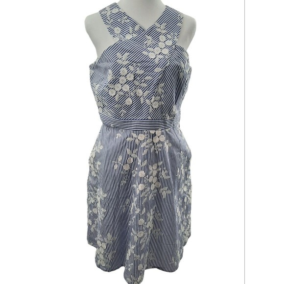 Sam Edelman 8 Dress MSRP $148 Blue White Applique Floral Criss Cross Darts Lined - Picture 1 of 11